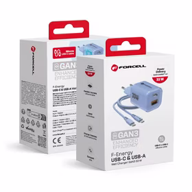 FORCELL F-ENERGY Crystal Color GaN III VT-41 ceļojumu lādētājs ar silikona kabeli ar 1 x Type C + 1x USB A ligzdām, PD QC4.0 33W zils