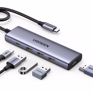 Ugreen CM511 15597 5in1 sadalītājs USB-C - USB-C PD / HDMI / 3x USB-A 3.0 - pelēks