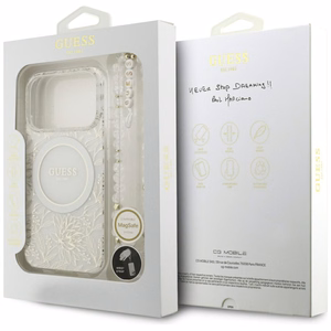 Guess IML Flowers Allover Electroplated MagSafe maciņš ar pērļu siksniņu modelim iPhone 18 Pro / 17 Pro – krāsa: balta