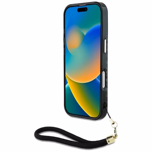 Guess HC IML leoparda trīsstūra auklas siksna MagSafe apvalks iPhone 16 Pro - melns
