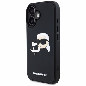 Karl Lagerfeld HC 3D gumijas dubultgalvu iPhone 16 viedtālruņa apvalks - melns