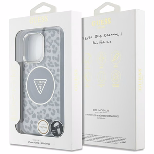 Guess HC IML leoparda trīsstūra auklas siksna MagSafe apvalks iPhone 16 Pro - melns