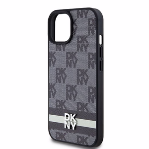 DKNY ādas rūtainais mono raksts un drukātas svītras viedtālruņa apvalks iPhone 15/14/13 - melns