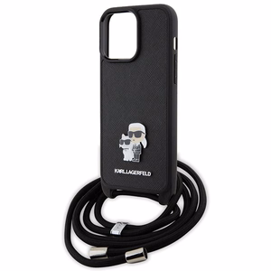 Karl Lagerfeld krustveida Saffiano metāla piespraude Karl & Choupette viedtālruņa apvalks iPhone 15 Pro Max - melns