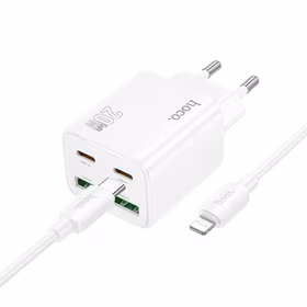 Viedtālruņa lādētājs Hoco 2 x USB C + 2 x USB A QC3.0 PD 3A 20W + kabelis USB C uz Lightning N55 balta