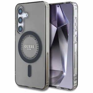 Guess Kristāli Drukāts Klasiskais Logotips Magnētiskais Samsung Galaxy S25 viedtālruņa apvalks melna