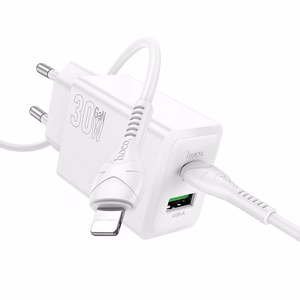 Lādētājs Hoco N71 30W GaN USB-C/USB-A + USB-C uz Lightning kabelis 1.0m, balts