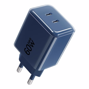 Tālruņa lādētājs Forcell F-Energy GaN III Crystal Color, 2x USB C, AVS, SSFC3.0, 60W + silikona kabelis USB C uz USB C VT-60, tumši zils