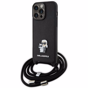 Karl Lagerfeld krustveida Saffiano metāla piespraude Karl & Choupette viedtālruņa apvalks iPhone 15 Pro Max - melns