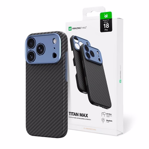 AmazingThing Titan Max Lens maciņš modelim iPhone 18 Pro, no aramīda šķiedras, ar kameras aizsargu, saderīgs ar MagSafe – krāsa: zila