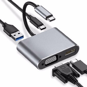 USB Type-C centrmezgls 4-in-1 USB 3.0 + PD 100W + HDMI 4k30Hz + VGA FullHD