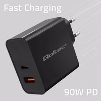 Qoltec 52381 Super Quick PD charger | 1xUSB-C | 1xUSB| 90W | 5-20V | 2.4-4.35A | melns