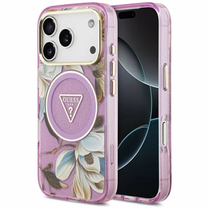 Guess IML Glitter Flowers Triangle MagSafe maciņš modelim iPhone 17 Pro / 18 Pro – violets