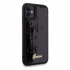 Guess Spīdumi uzraksts metāla viedtālruņa apvalks iPhone 11 / Xr - melns