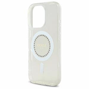 Guess IML Rhinestones magnētiskais viedtālruņa apvalks iPhone 16 Pro - balts