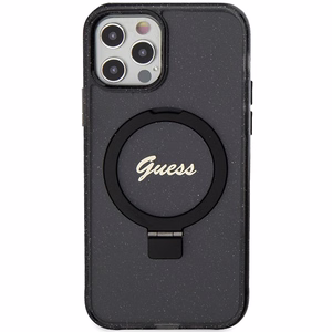 Guess Ring Stand Script Glitter Magnētiskais viedtālruņa apvalks iPhone 12/12 Pro - melns