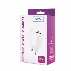 Setty lādētājs 1x USB + USB-C 3A 20W balts