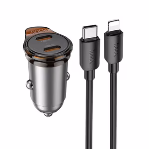 Automobiļa lādētājs Hoco 2 x USB C QC PD 45W + kabelis USB C uz Lightning NZ16B metāla pelēks