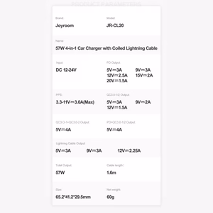Joyroom ātrās uzlādes automašīnas lādētājs 4 in 1 PD, QC3.0, AFC, FCP ar Lightning kabeli 1.6m 57W melns (JR-CL20)