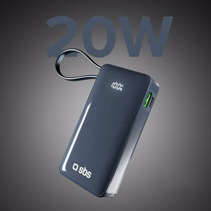 Внешний аккумулятор SBS 10000 mAh 20W со встроенным кабелем USB-C и цифровым дисплеем - тёмно-серый