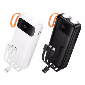 Portatīvais lādētājs Hoco 20000 mAh 2A ar iebūvētiem kabeļiem USB A + USB C + Lightning + Micro USB un dubultu gaismu J151A melns