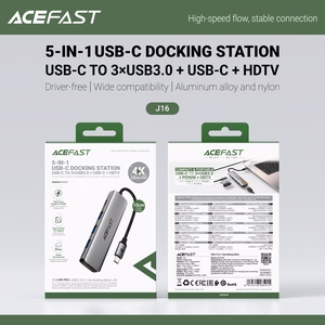 Acefast J16 USB sadalītājs USB-C 5-in-1 HDMI 4K 60Hz PD90W dokstacija - pelēks