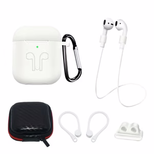 Silikona apvalku komplekts AirPods 2 / AirPods 1 + apvalks / ausu āķis / kakla siksna / pulksteņa siksnas turētājs / karabīne - balta