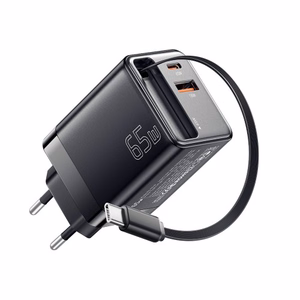 Lādētājs Essager Scope melns 65W (1xPD / 1xQC3.0) + integrēts Type-C kabelis
