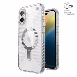 Speck Presidio Perfect-Clear Grip ClickLock & MagSafe vāciņš ierīcei iPhone 16 Plus, caurspīdīgs / hroma apdare / Serene Silver