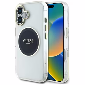 Guess IML Metal Colored Circle Classic Logo Magnētiskais viedtālruņa apvalks iPhone 16 - melns
