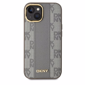 DKNY Ādas rūtainais mono raksts magnētiskais iPhone 15 viedtālruņa apvalks - bēšs