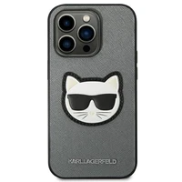Karl Lagerfeld Saffiano Choupette Head Patch viedtālruņa apvalks iPhone 14 Pro - sudraba