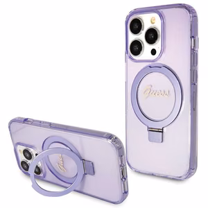 Guess Magnētiskā viedtālruņa apvalks ar gredzena statīvu Script Glitter MagSafe iPhone 13 Pro Max - violeta