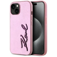 Karl Lagerfeld Wrinkled Metal Signature viedtālruņa apvalks iPhone 15 - rozā