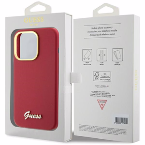 Guess Silicone Script Metal Logo & Frame viedtālruņa apvalks iPhone 15 Pro - sarkans