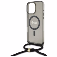 Guess Crossbody Cord Uzraksts Magnētiskais viedtālruņa apvalks iPhone 16 Pro - melns
