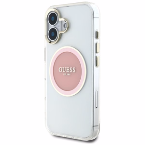 Guess IML Metal Colored Circle Classic Logo Magnētiskais viedtālruņa apvalks iPhone 16 - rozā