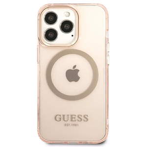 Guess GUHMP13LHTCMP iPhone 13 Pro / 13 6.1" rozā/rozā cietais viedtālruņa apvalks ar zelta kontūru, caurspīdīgs Magnētiskais MagSafe