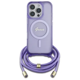 Guess Crossbody Cord Uzraksts Magnētiskais viedtālruņa apvalks iPhone 16 Pro - violets
