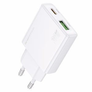 Borofone Сетевое зарядное устройство BN25 Wish (Ultra Thin) - USB + Type C - PD QC 3.0 30W белое