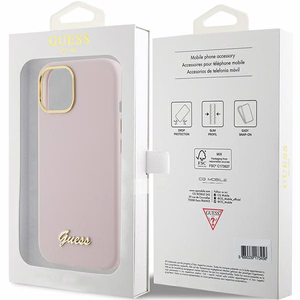 Guess Silikona Script Metal Logo & Frame Viedtālruņa apvalks iPhone 15 - rozā