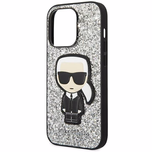 Karl Lagerfeld KLHCP14LGFKPG iPhone 14 Pro 6.1 cietais viedtālruņa apvalks sudraba mirdzošas pārslas Ikonik