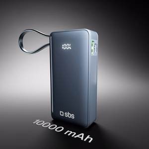 Внешний аккумулятор SBS 10000 mAh 20W со встроенным кабелем USB-C и цифровым дисплеем - тёмно-серый