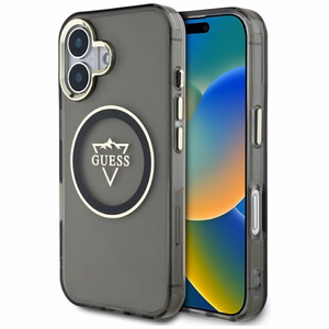 Guess IML Metal Mountain Logo Magnētiskais viedtālruņa apvalks iPhone 16 - melns