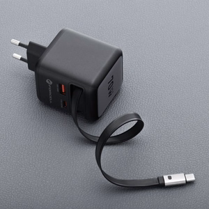 FORCELL F-ENERGY GaN III VT-R7 ceļojumu lādētājs ar izvelkamu kabeli Type C un 1x Type C, 1x USB A uzlādes portiem PD QC4.0 3A 70W pelēks
