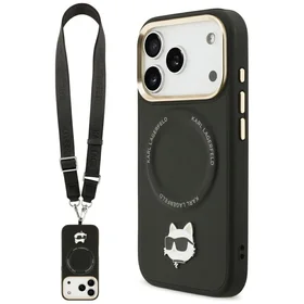 Karl Lagerfeld Big Strap Choupette metāla logotipa Magnētiskais viedtālruņa apvalks iPhone 17 Pro - melns