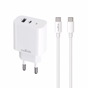 Maxlife MXTC-06-30AC PD QC lādētājs 1x USB-C 1x USB 30W balts + USB-C - USB-C kabelis 60W