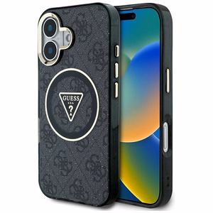 Guess IML Metal Glitter 4G Circle Triangle magnētiskais viedtālruņa apvalks iPhone 16 - melns