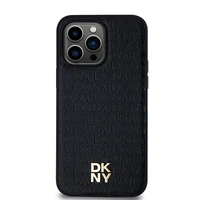 DKNY Ādas raksts metāla logotips MagSafe apvalks viedtālrunim iPhone 13 Pro Max - melns