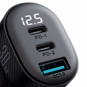 Joyroom JR-CCD04 30W 2x USB-C USB-A automašīnas lādētājs ar ekrānu - melns